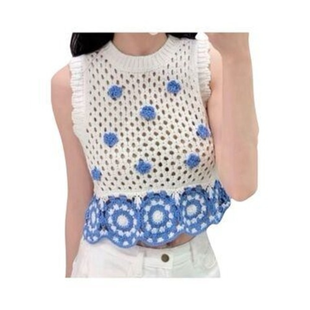 Zara Womens White Blue Crochet Floral Knit Sleeveless Crop Top SMALL Boho